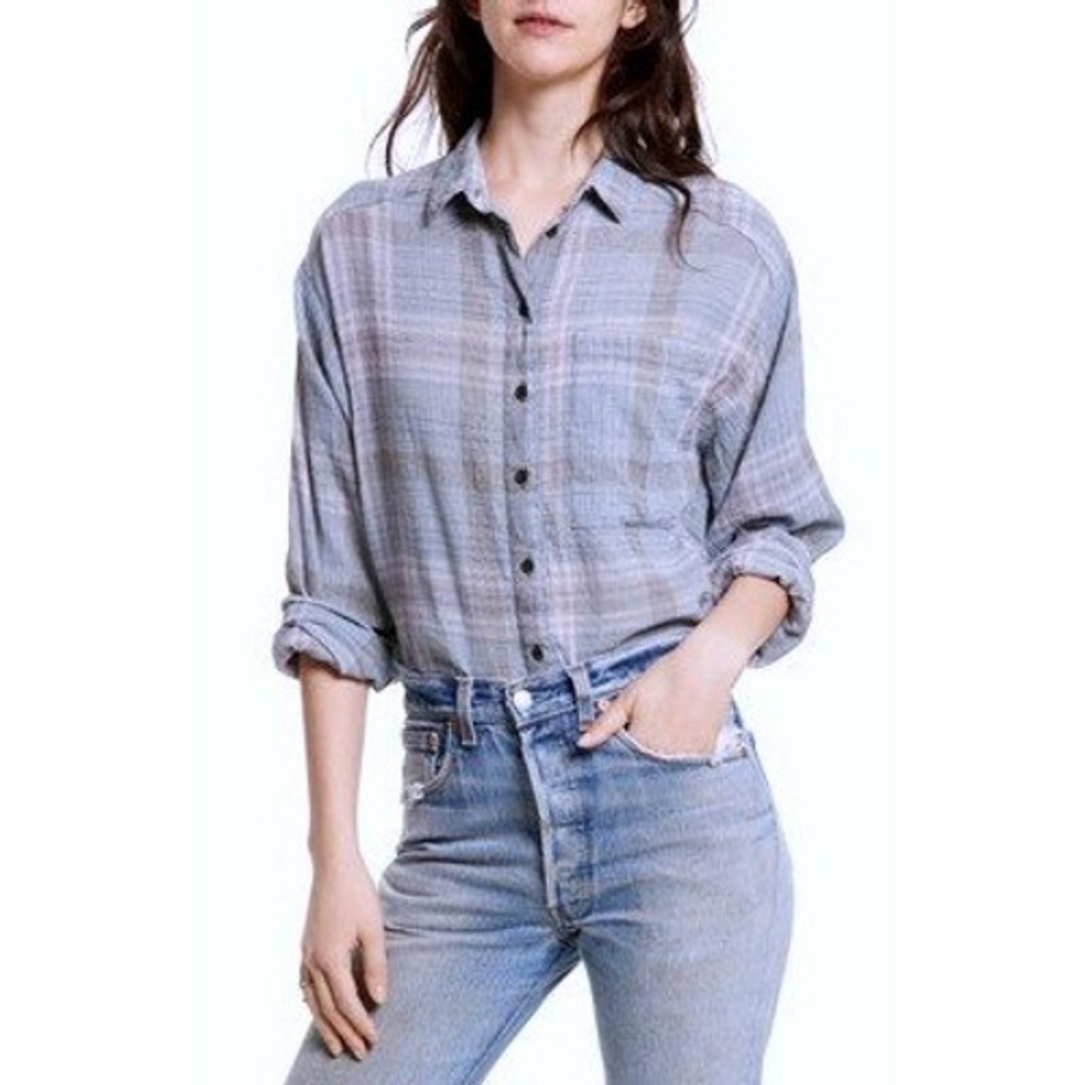 Free People Bohemian Cropped Cutie Spring Plaid Button Down Shirt Stone Size XS